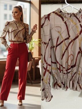 Haute Monde Chain & Rope Print Smocked Peplum Blouse Medium Neutral Career Top